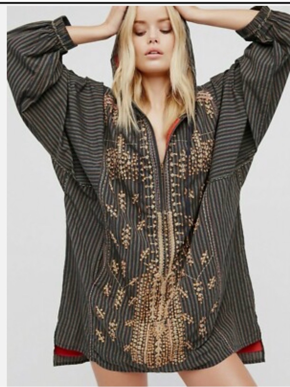 Free People Black Striped Embellished Hooded Pullover